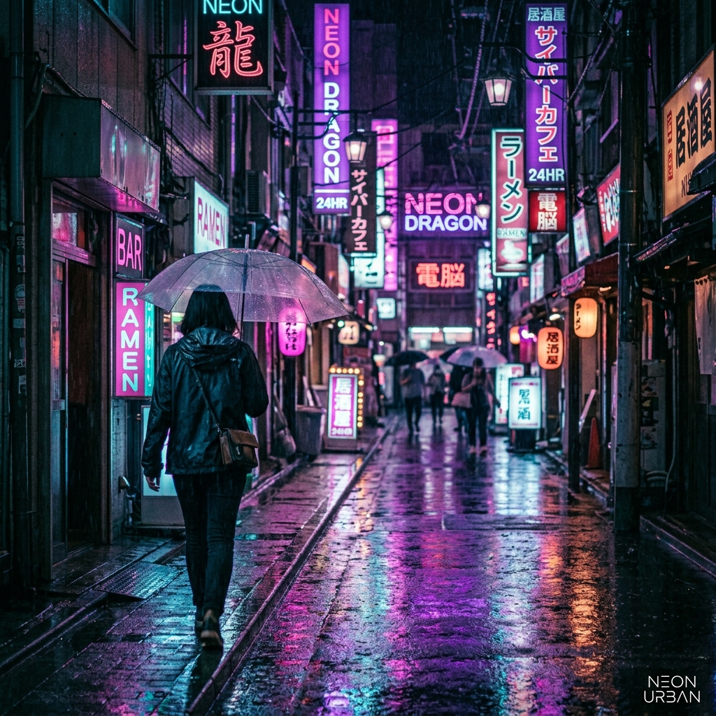 Neon Urban: luces de neón en ciudad nocturna bajo la lluvia