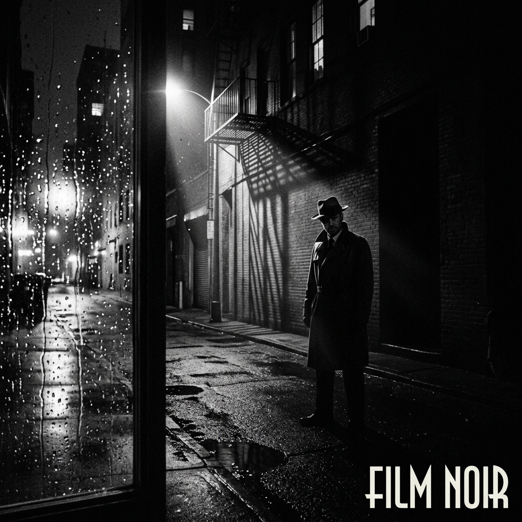 Film Noir: blanco y negro de alto contraste con atmósfera oscura